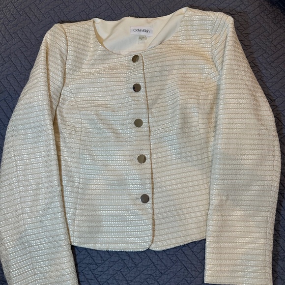 Calvin Klein Dresses & Skirts - Calvin Klein Ivory Metallic Tweed -like Jacket and Skirt Suit, Size 16